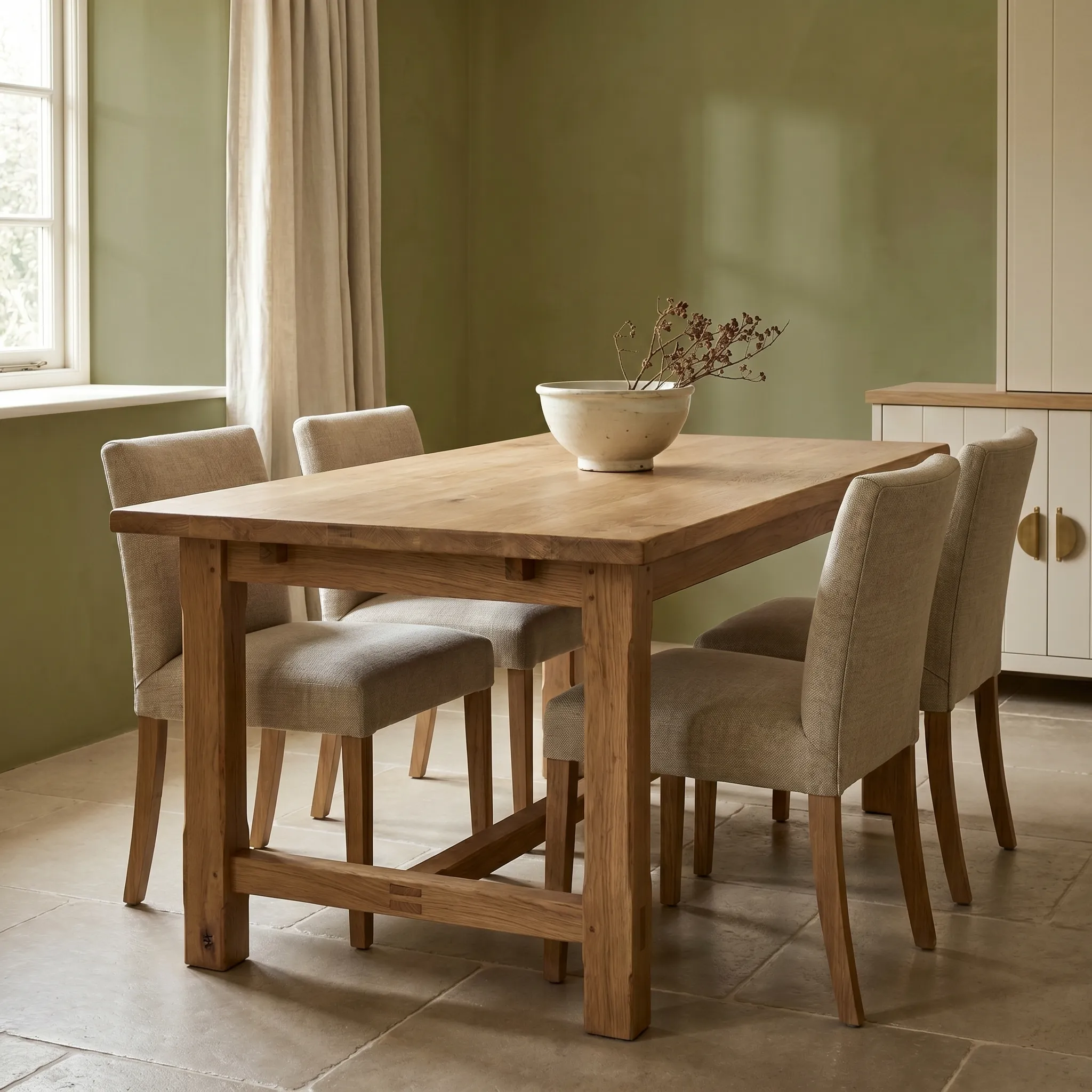 Solid oak dining table in natural finish with four chairs and soft daylight